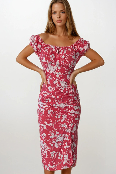 VAGGON Жіноча червона сукня на блискавці з квітковим візерунком з коміром Мад...