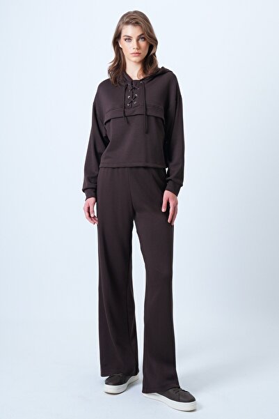 Trend Alaçatı Stili Women's Brown Hooded Bird-Eye Sweatshirt and Palazo Pants...