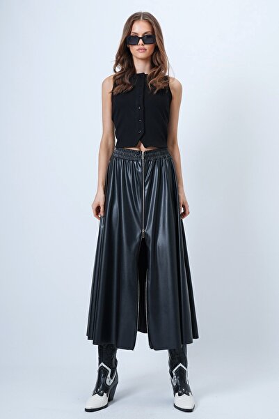 Trend Alaçatı Stili Women's Black Elastic Waist Zippered Faux Leather Skirt V...