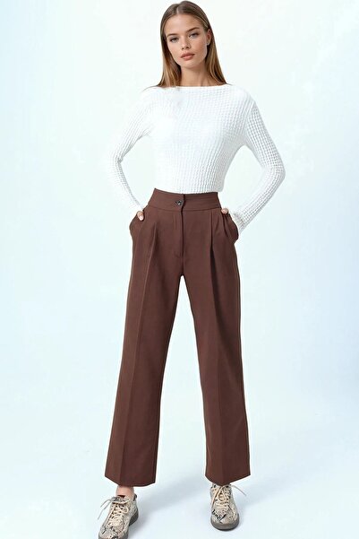 Trend Alaçatı Stili Women's Brown Double Pocket Button Closure Palazzo Pants ...