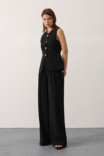 Trend Alaçatı Stili Women's Black Gold Button Detailed Vest and Pleated Palazzo Pants Set Vs01148