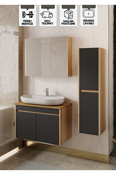 KAREN BANYO Luna 80 Cm Tezgahlı, Aynalı Banyo Dolabı Seti, Seramik Lavabo Dahil