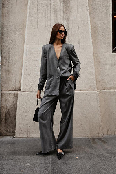 Trend Alaçatı Stili Women's Gray Button Closure Lace Detailed Striped Palazzo...