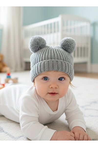 Butik قبعة شتوية للأطفال باللون الرمادي من عمر 0-2 سنة للجنسين - قبعة تريكو ب...