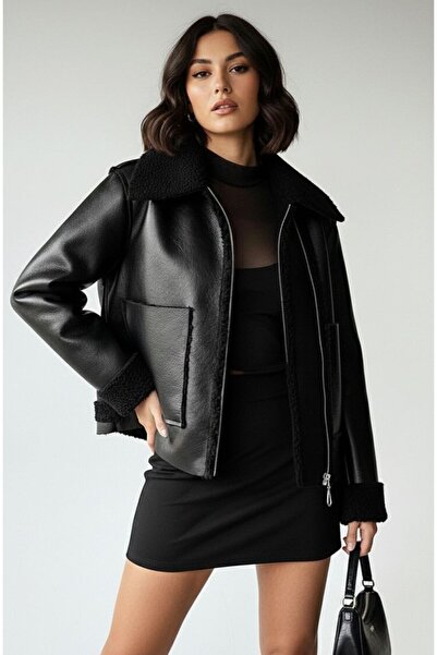 WYNA BOUTİQUE Women's Fur Lined Zippered Short Leather Jacket