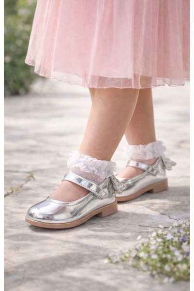 pinkchıld Girl's Silver Ballerina Shoes with Orthopedic Non-Slip Soles