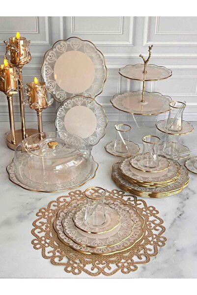 ROSSEV Leviston Flower 34 Parça Cam Çay Seti