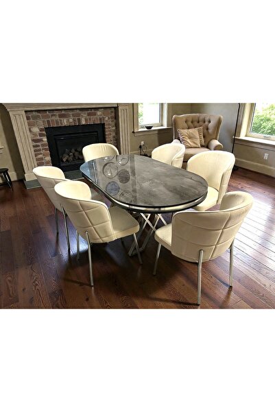 MSY HOME 6 Kişilik Berya İroni Oval Masa Krom Ayak Yönsüz Kumaş Modern Ve Şık...
