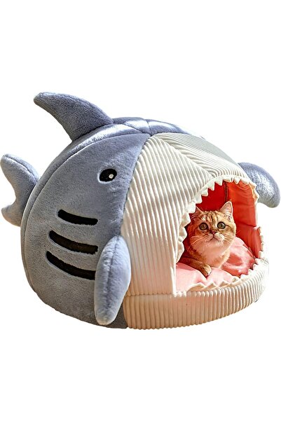 Arabest Cat Mat Shark-Shaped Kennel Kitten Bed Hideout House Warm Soft Comfortable Semi-Closed Cat Dog