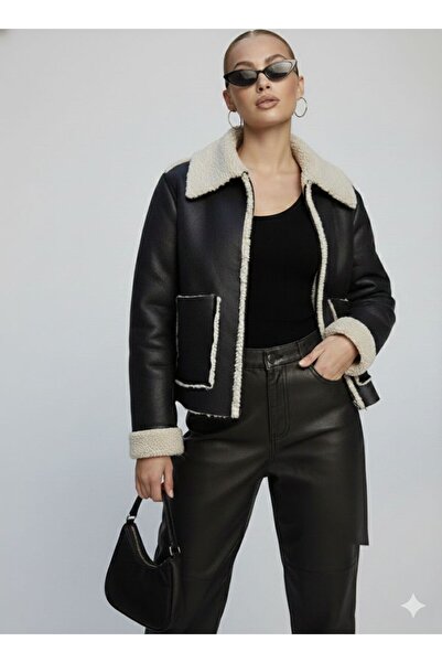 WYNA BOUTİQUE Women's Fur Lined Zippered Short Leather Jacket