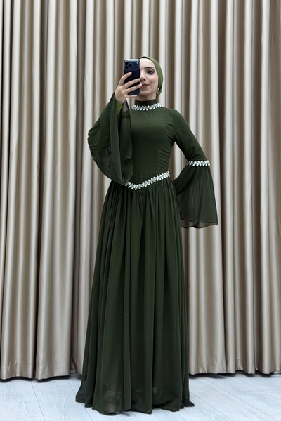 Matik Abiyem Elegant Stone Embroidered, Chiffon Detailed, Waist Accentuated, Special Occasion and Invitations Suitable Hijab Evening Dress