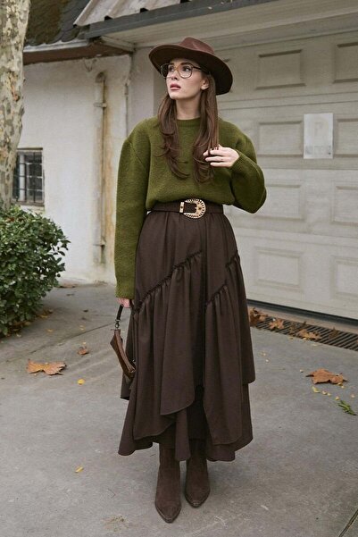 Ceylan Otantik Olive Green Knitwear Sweater & Bitter Brown Polyviscose Bohemian Floor Skirt Set