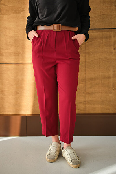 LOCCO Women's Rubber Detailed Belted Fabric Trousers Burgundy