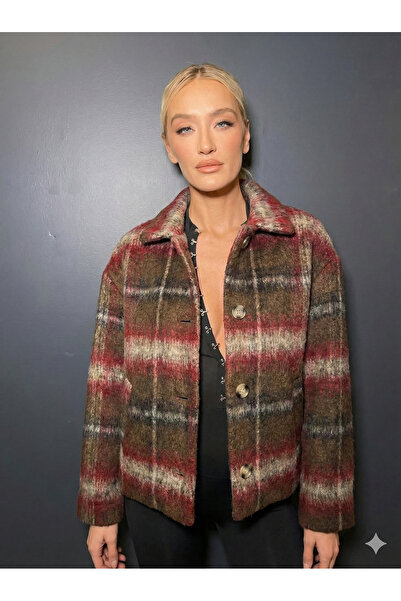 ribana Women's Shirt Collar Lined Cotton Pocket Detailed Patterned Short Lumberjack Felt Coat Jacket D99753