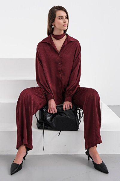 Trend Alaçatı Stili Women Burgundy Jacquard Pattern Satin Shirt and Pants Satin Suit Vs01231