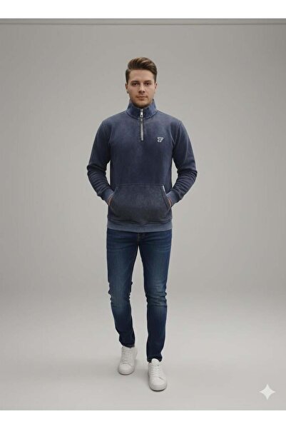 Afri Men's Navy Blue Washed Effect Half-Zip 100% Cotton 3 Thread Sweatshirt