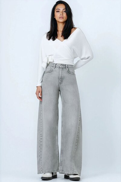 Trend Alaçatı Stili Women's Light Gray High Waist 5 Pocket Baggy Jeans Vs01450