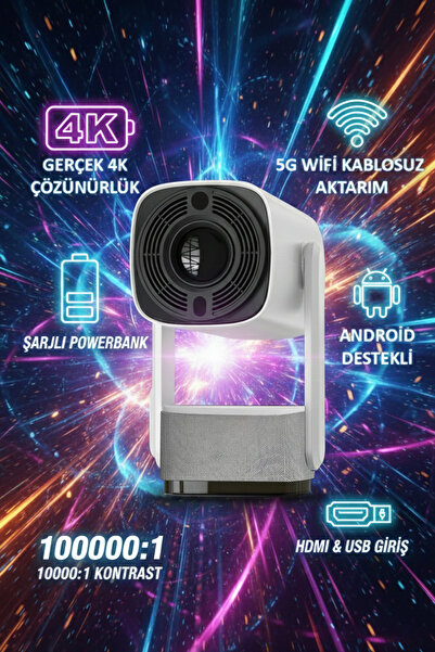 Tekvora Şarjlı 4K LED Android Projektör | 5G Wi-Fi | Powerbank | HDMI & USB | K2