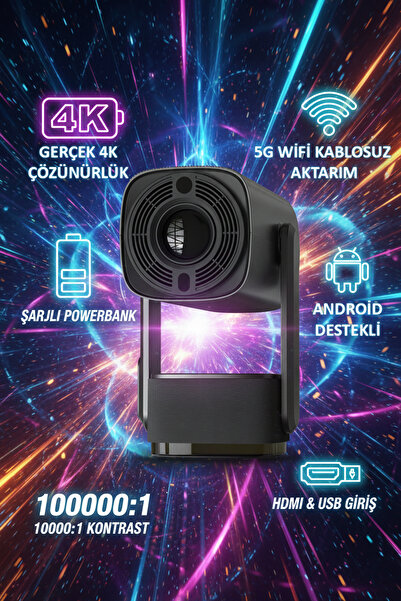 Tekvora Şarjlı 4K LED Android Projektör | 5G Wi-Fi | Powerbank | HDMI & USB | K2