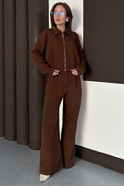 Trend Alaçatı Stili Women's Bitter Brown Zipper Closure Lined Jacket Wide Leg Pants Set Vs01564