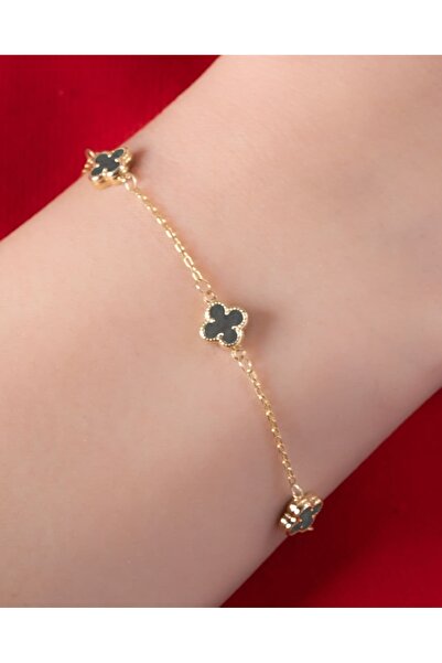 YCL JEWELLERY 14 Ayar Altın Gri Yonca Figürlü Bileklik