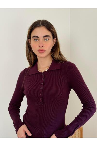 Retrobird Stretch Fabric Thin Premium Polo Collar Basic Sweater Women's Wine ...