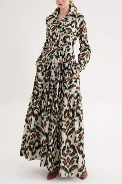 SOCIETA Desenli Büzgülü uzun gömlek elbise 94554