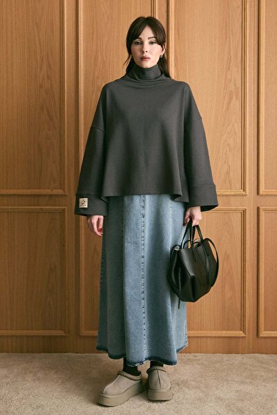 Ceylan Otantik Anthracite Mock Neck Winter Bodysuit & Ice Blue Denim Flared Skirt Set