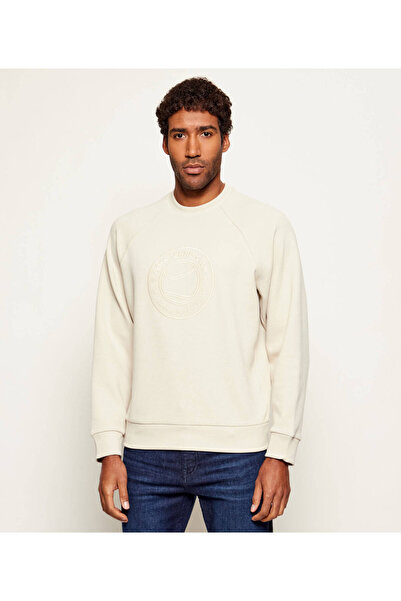 BOSS Men's Regular Fit Round Neck Textured Logo Embroidered Ecru Sweatshirt 5...