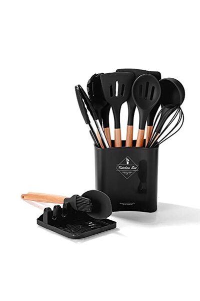 Arabest Silicone Kitchen Utensil ,Wooden Handles Utensils Tool for Nonstick Cookware