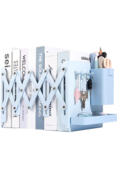 Sumkyle Adjustable Bookends, Metal Book Ends 2 Dividers Bookends with Removable Pen Holder Tray 3 Hook up