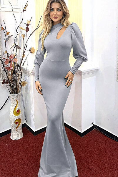 Deafox Gray Shoulder Detail Scuba Fabric Fish Model Evening Dress