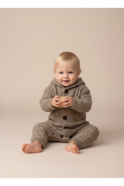 eradkids Baby Plush Hooded Knitwear Jumpsuit – Buttoned, Soft Textured, Winter