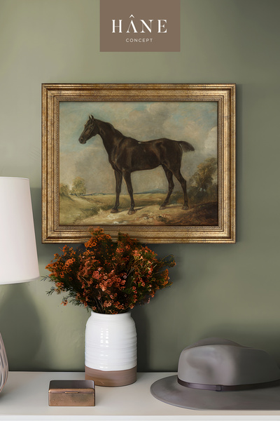 Hane Concept Vintage Horse Figurine Painting – Gold Detailed Framed Wall Decor