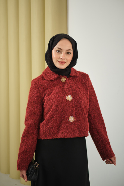 LOCCO Women's Floral Buttoned Felt Short Jacket Burgundy