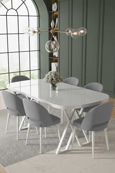 Canisa Arvon Serisi MDF 90x168 Sabit Beyaz Mutfak Masa Takımı 6 Gri Sandalye