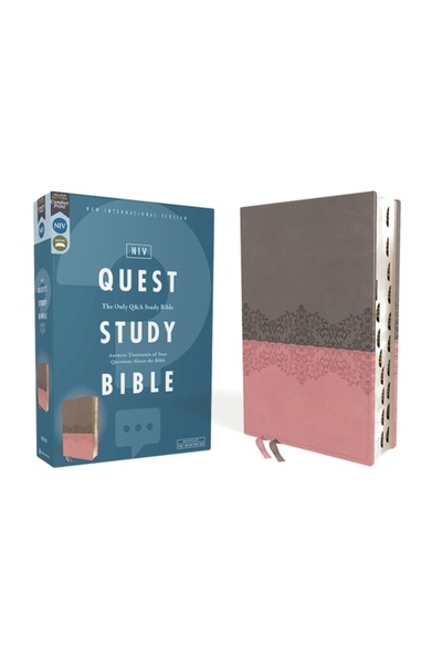 Zondervan Niv, Biblia de studiu Quest, piele moale, gri/roz, indexare cu dege...