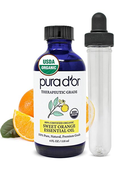Pura D'or Organic Sweet Orange Essential Oil (4 oz with Glass Dropper)