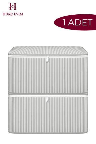 HURCEVİM 1 Adet Antrasit Çizgili Yorgan Hurcu 100x50x50 cm | Ekstra Dayanıklı Hurç - Organizer