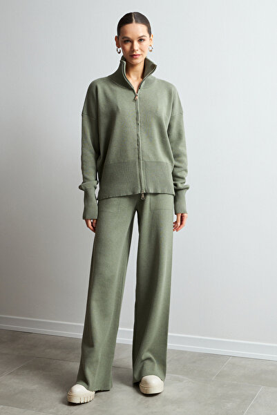 Bipantolon Women's Green Double Zipper Detailed Knitwear Set