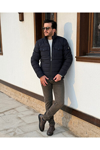 Avni Ceylan Men's Premium Mock Neck Puffer Jacket with Slim Fit Flap Pockets