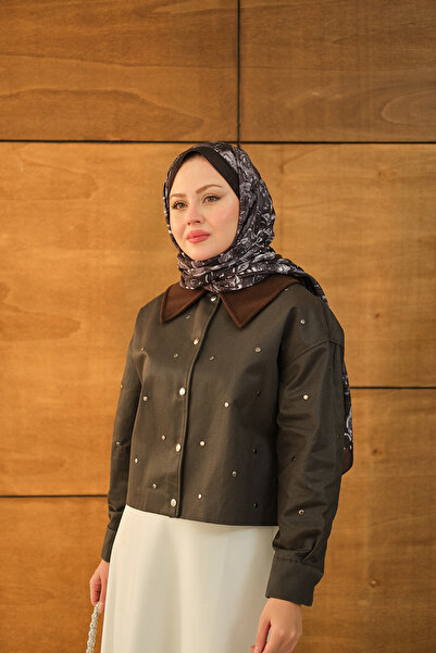 LOCCO Women's Collar Velvet Detail Short Jacket Brown