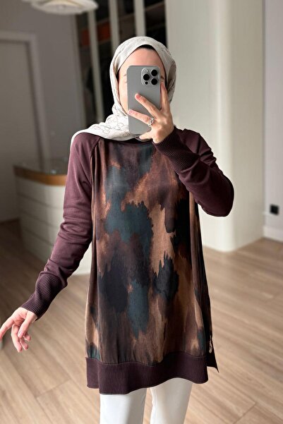 Ka Hijab Patterned High Neck Mercerized Tunic with Side Zipper - Brown