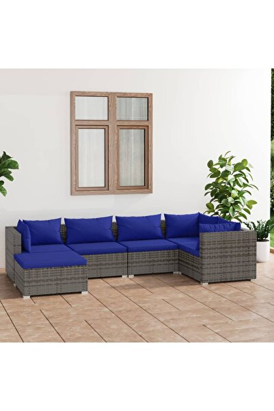 vidaxl طقم أريكة حديقة مكون من 6 قطع مع وسائد من البولي راتان الرمادي