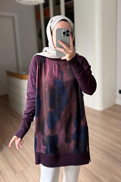 Ka Hijab Patterned High-Neck Mercerized Tunic with Side Zipper - Plum