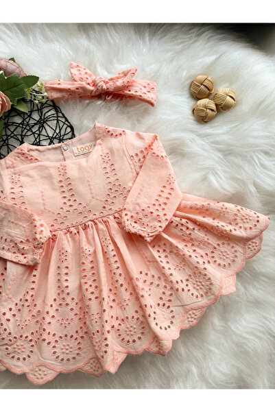 aysskids SIENNA Kız Bebek Somon Rengi Brode Nakışlı Fisto Elbise ve Bandana T...