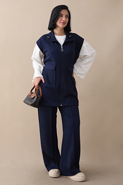 InStyle Zippered Vest Pants Navy Blue Double Modal Set