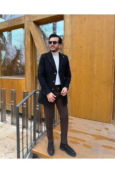 Avni Ceylan Men's Premium Black Slim Fit Single Button Wool Cashmere Coat