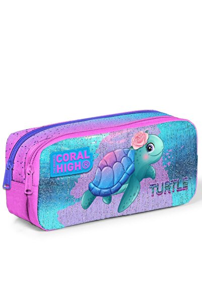 Emre Tuval حقيبة أقلام رصاص ذات أقسامين بنمط السلحفاة باللون الوردي الفاتح وا...