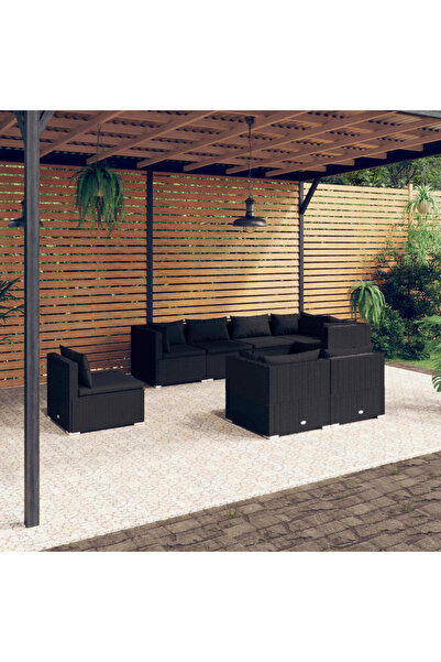 vidaxl طقم أثاث حديقة مكون من 8 قطع مع وسائد من الروطان الصناعي الأسود